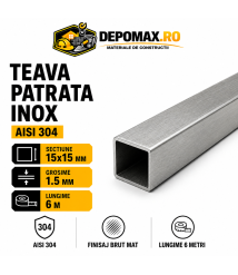 Teava patrata inox AISI 304, 15 x 15 x 1.5 mm, 6 metri